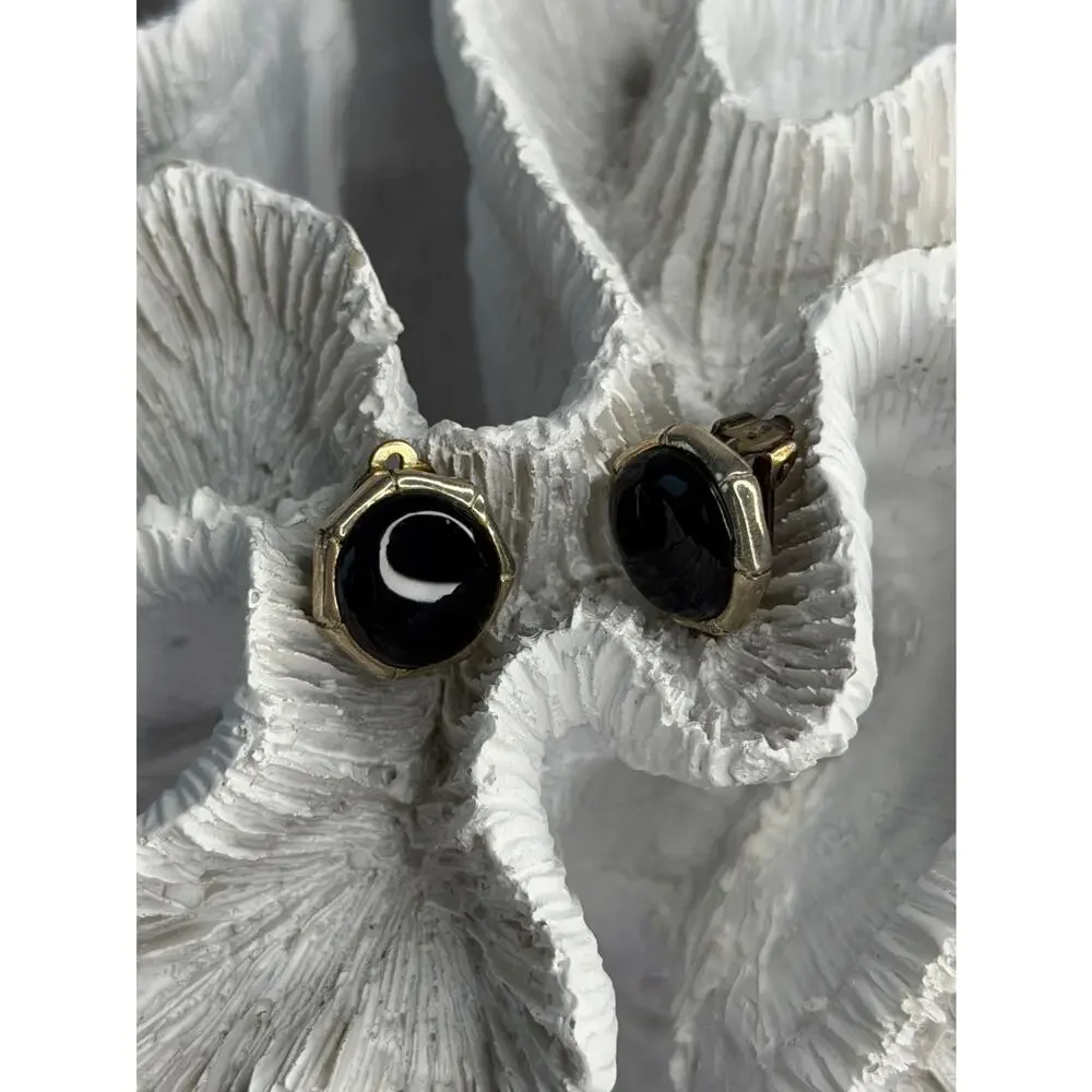 Vintage 925 Sterling Silver Black Onyx Clip-On Earrings